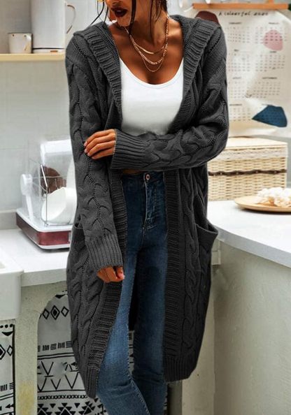 Women's Cable Knit Long Sleeve Sweater Cardigan Open Front Long Cardigans Pocket Hooded Casual Outwear