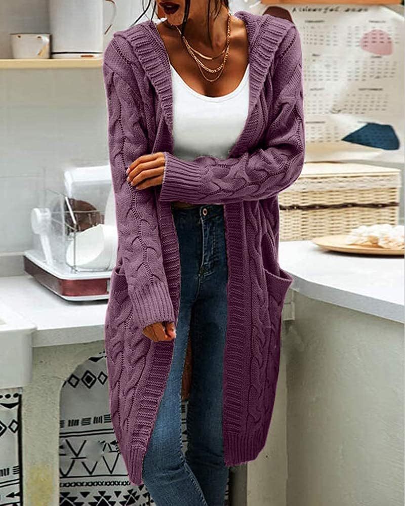 Women's Cable Knit Long Sleeve Sweater Cardigan Open Front Long Cardigans Pocket Hooded Casual Outwear