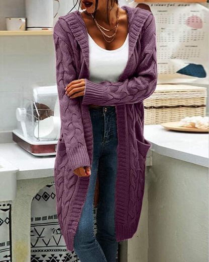 Women's Cable Knit Long Sleeve Sweater Cardigan Open Front Long Cardigans Pocket Hooded Casual Outwear