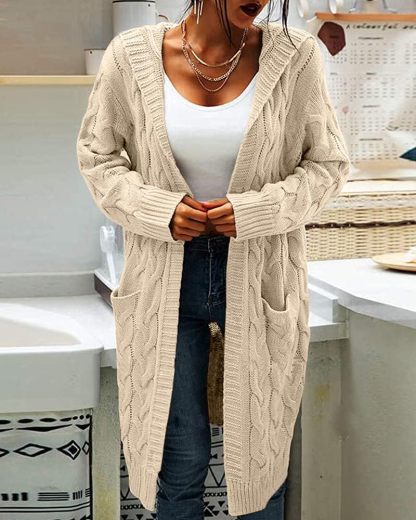 Women's Cable Knit Long Sleeve Sweater Cardigan Open Front Long Cardigans Pocket Hooded Casual Outwear