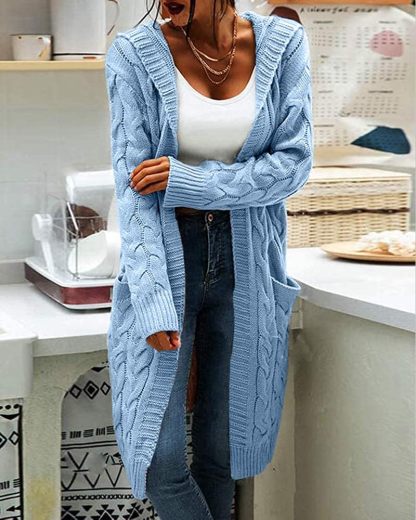 Women's Cable Knit Long Sleeve Sweater Cardigan Open Front Long Cardigans Pocket Hooded Casual Outwear