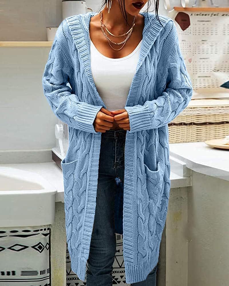 Women's Cable Knit Long Sleeve Sweater Cardigan Open Front Long Cardigans Pocket Hooded Casual Outwear