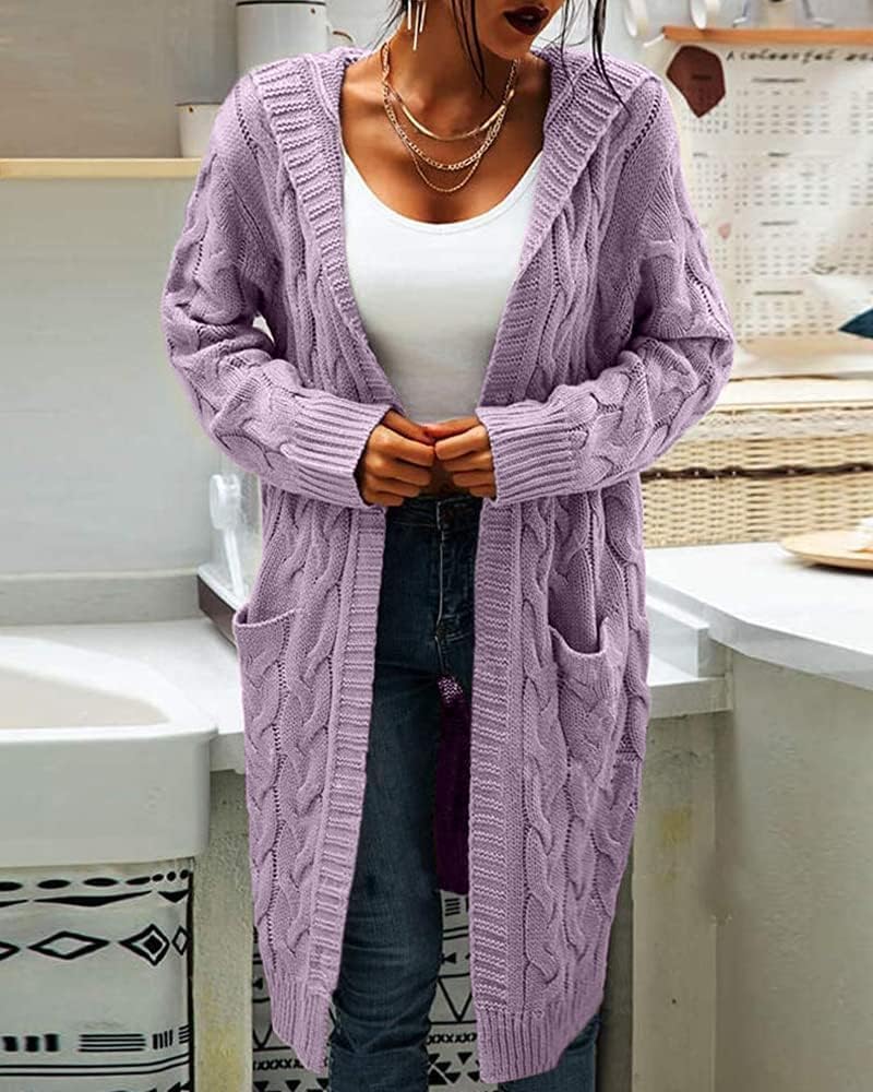 Women's Cable Knit Long Sleeve Sweater Cardigan Open Front Long Cardigans Pocket Hooded Casual Outwear