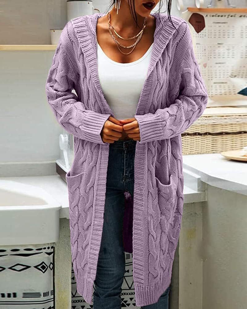 Women's Cable Knit Long Sleeve Sweater Cardigan Open Front Long Cardigans Pocket Hooded Casual Outwear