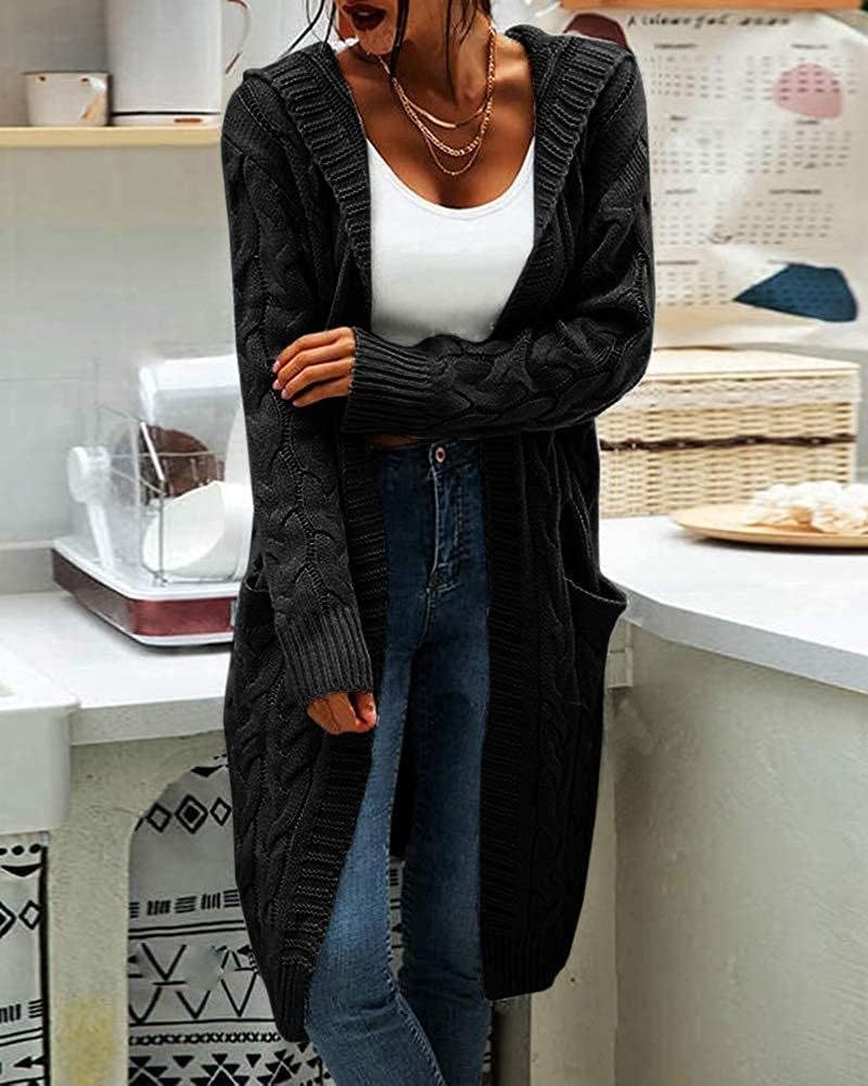 Women's Cable Knit Long Sleeve Sweater Cardigan Open Front Long Cardigans Pocket Hooded Casual Outwear