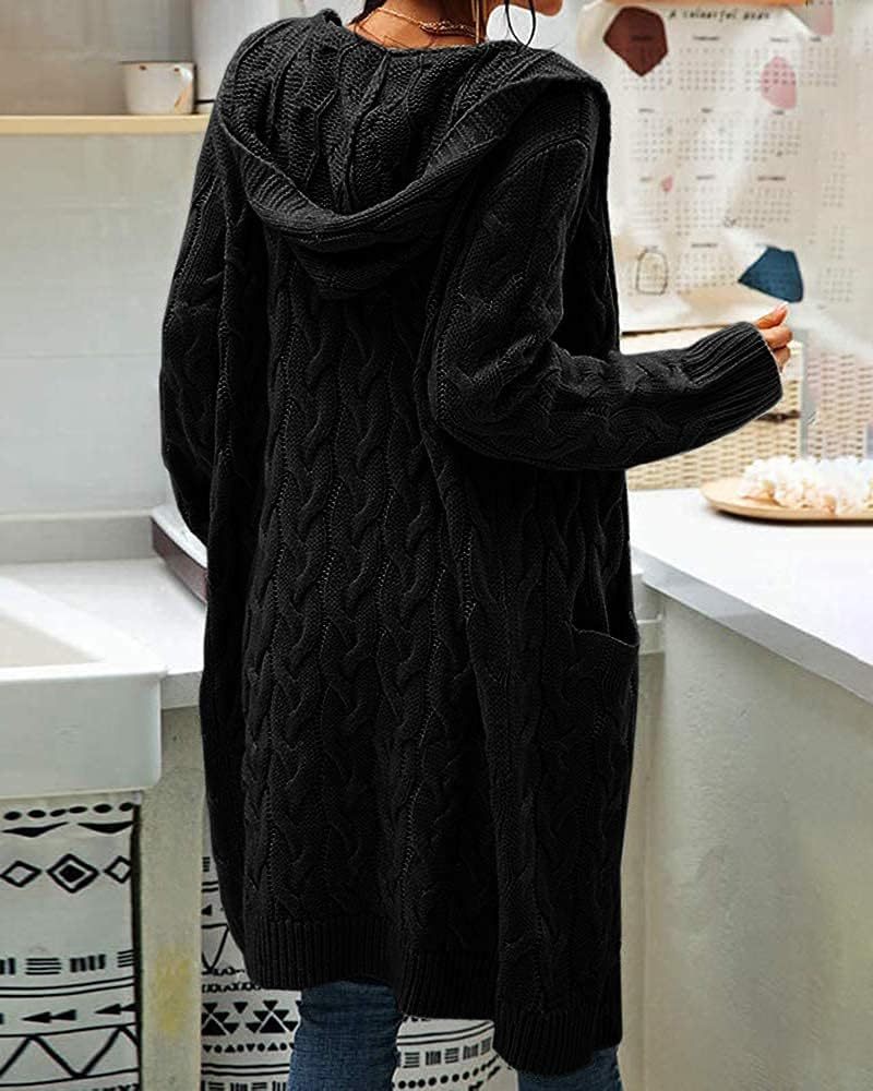 Women's Cable Knit Long Sleeve Sweater Cardigan Open Front Long Cardigans Pocket Hooded Casual Outwear