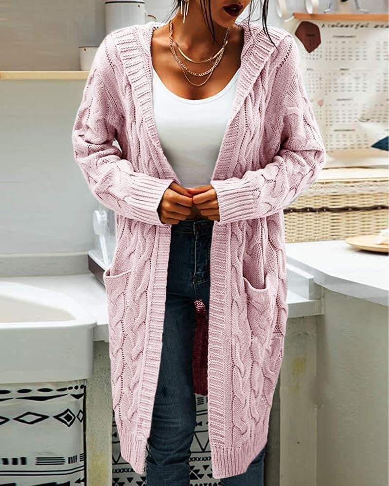 Women's Cable Knit Long Sleeve Sweater Cardigan Open Front Long Cardigans Pocket Hooded Casual Outwear