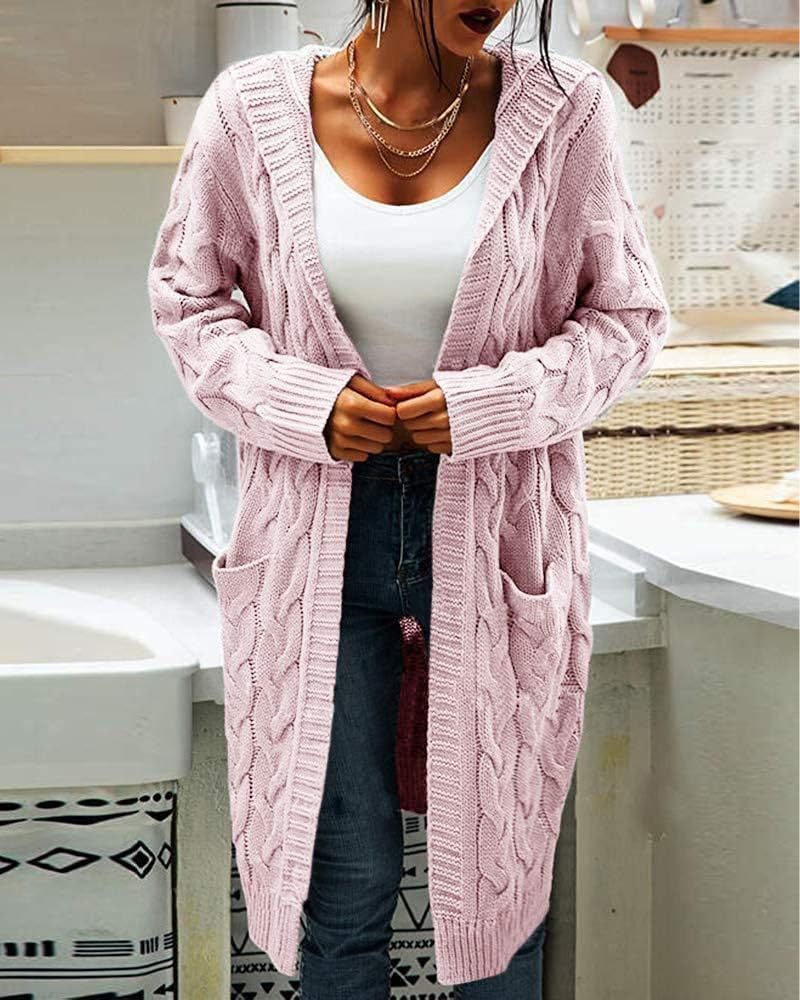 Women's Cable Knit Long Sleeve Sweater Cardigan Open Front Long Cardigans Pocket Hooded Casual Outwear