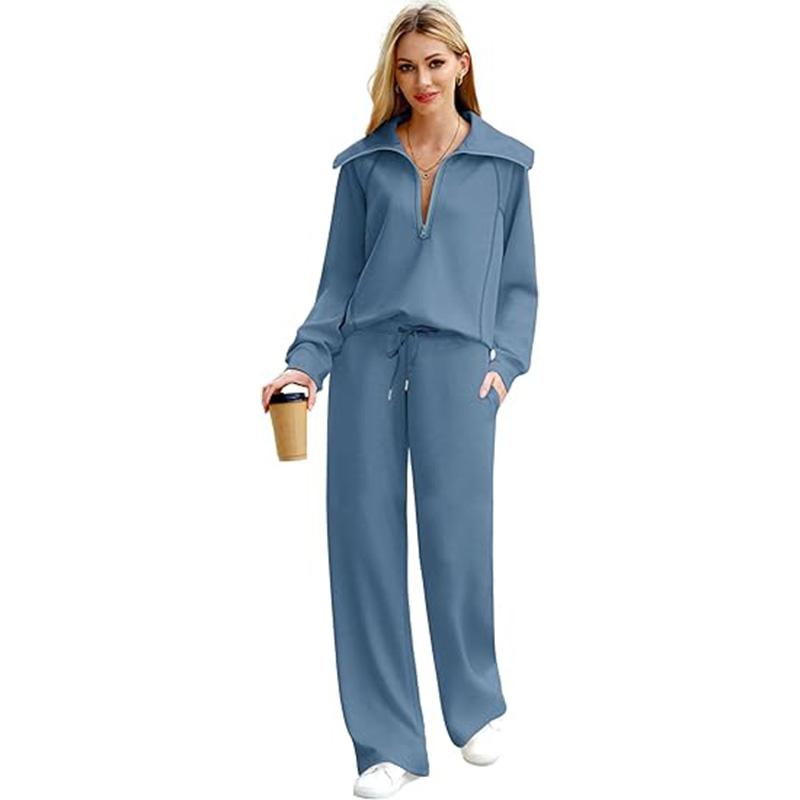 OFEEFAN Lounge Sets For Women 2025 Half Zip Sweatshirt And Wide Leg Sw