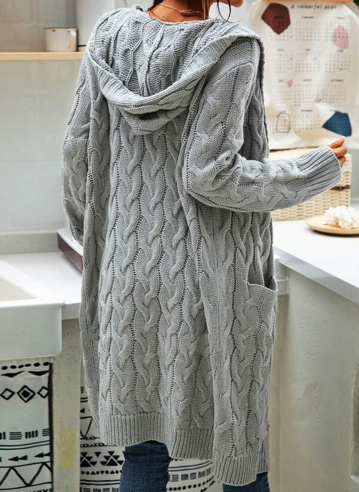Women's Cable Knit Long Sleeve Sweater Cardigan Open Front Long Cardigans Pocket Hooded Casual Outwear