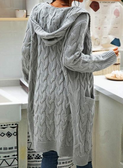 Women's Cable Knit Long Sleeve Sweater Cardigan Open Front Long Cardigans Pocket Hooded Casual Outwear
