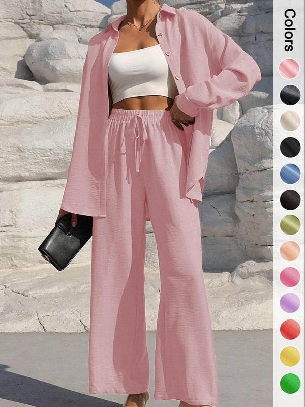 Two-Piece Set Women's Solid Button Front Shirt & Drawstring Waist Wide Leg Pants, Casual Drop Shoulder Long Sleeve Top & High Waist Trousers For Spring & Fall, Ladies Clothes For Daily Wear