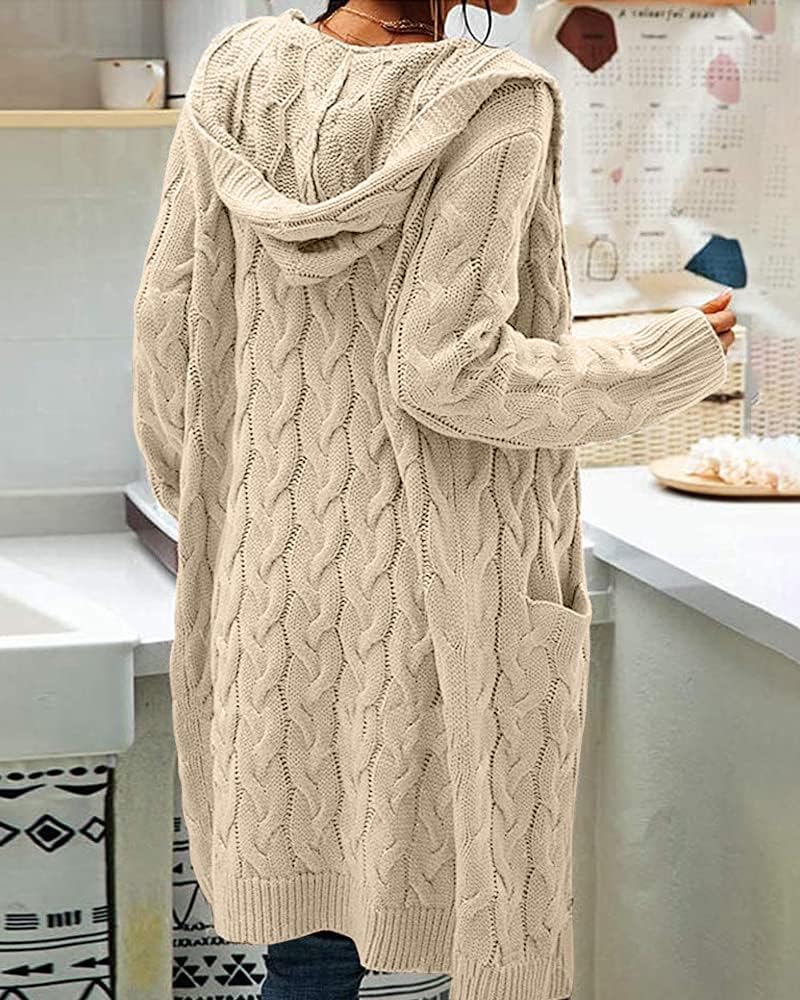 Women's Cable Knit Long Sleeve Sweater Cardigan Open Front Long Cardigans Pocket Hooded Casual Outwear