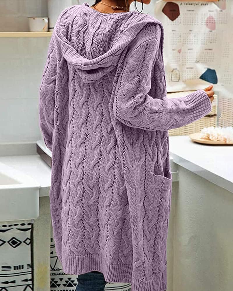 Women's Cable Knit Long Sleeve Sweater Cardigan Open Front Long Cardigans Pocket Hooded Casual Outwear