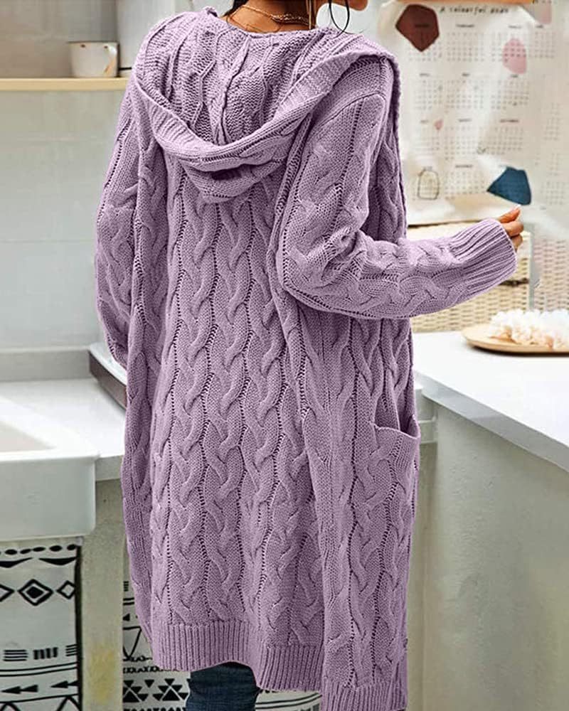 Women's Cable Knit Long Sleeve Sweater Cardigan Open Front Long Cardigans Pocket Hooded Casual Outwear