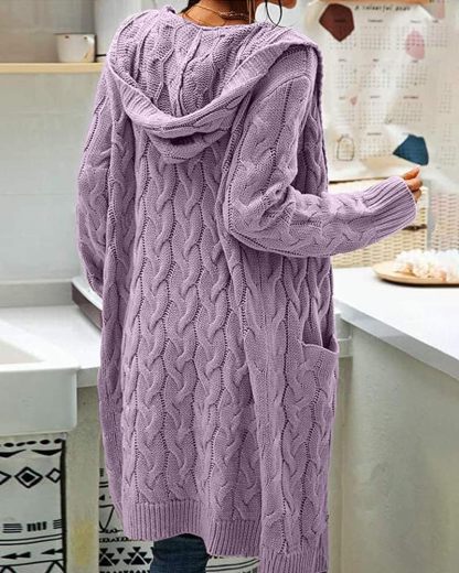 Women's Cable Knit Long Sleeve Sweater Cardigan Open Front Long Cardigans Pocket Hooded Casual Outwear
