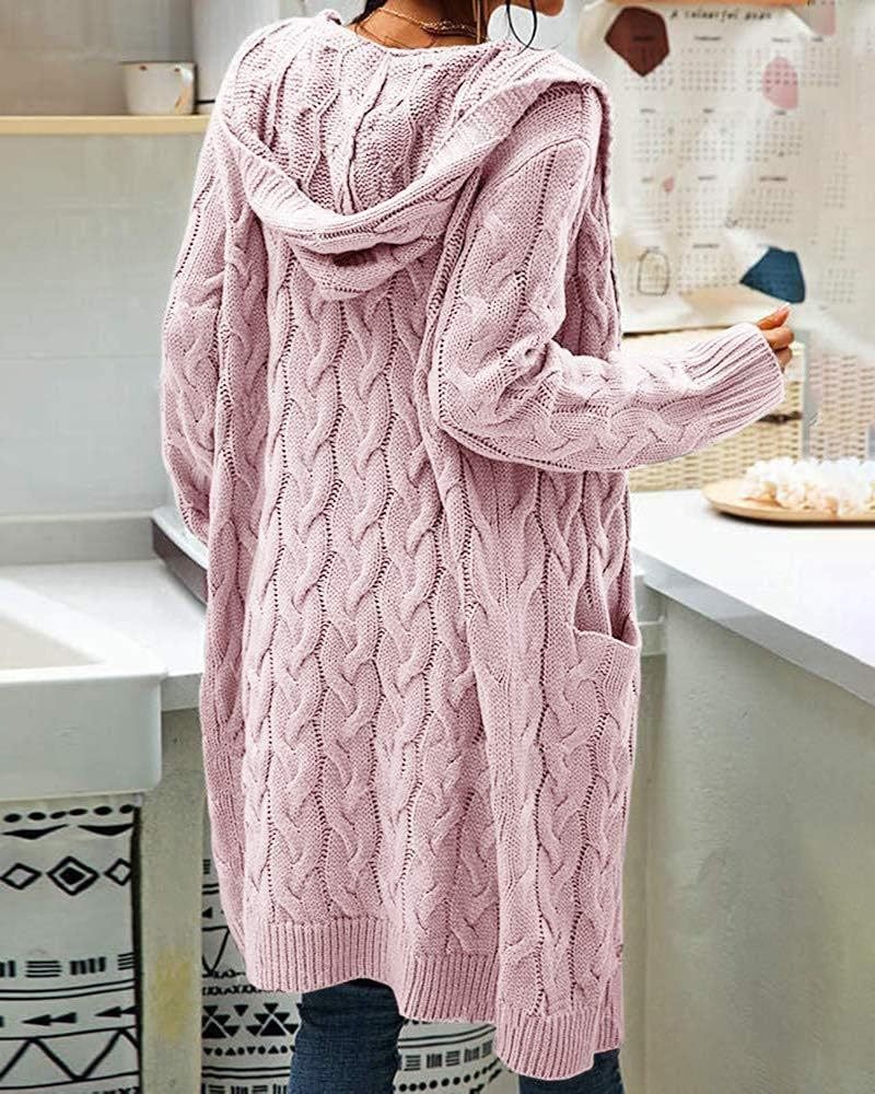 Women's Cable Knit Long Sleeve Sweater Cardigan Open Front Long Cardigans Pocket Hooded Casual Outwear