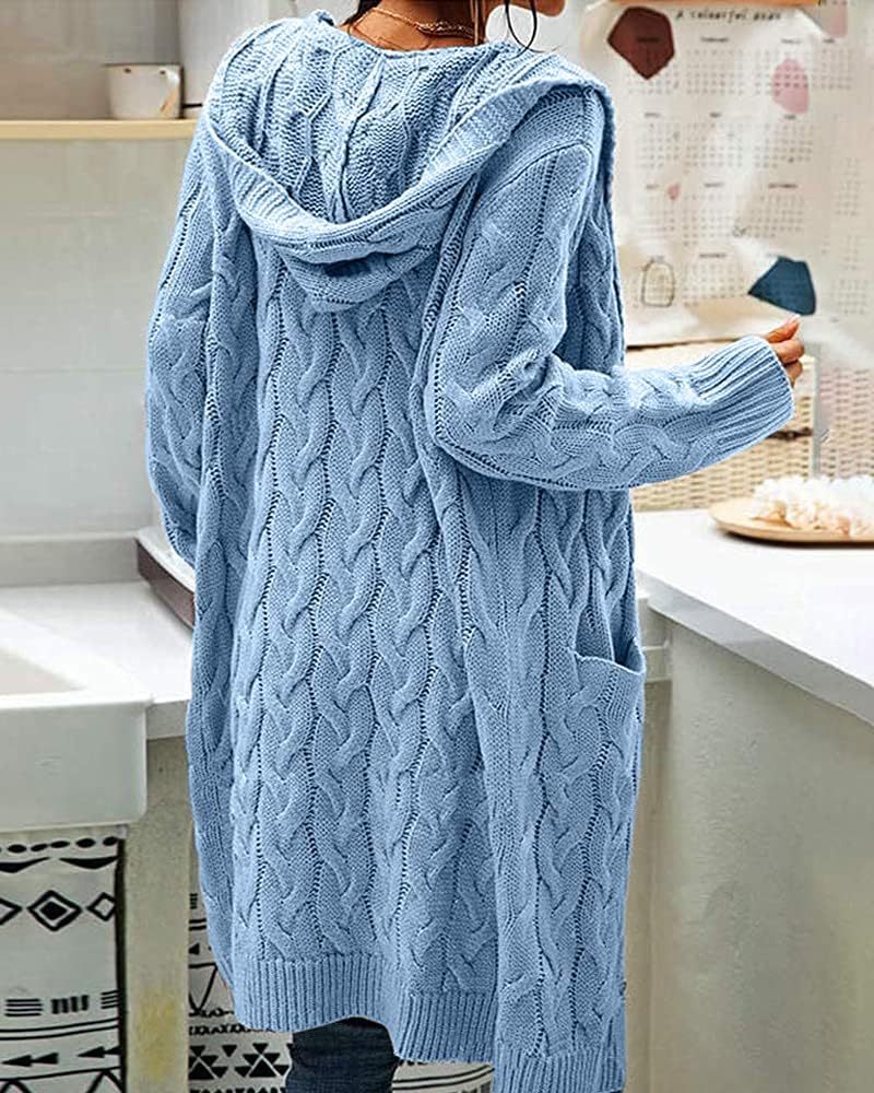 Women's Cable Knit Long Sleeve Sweater Cardigan Open Front Long Cardigans Pocket Hooded Casual Outwear