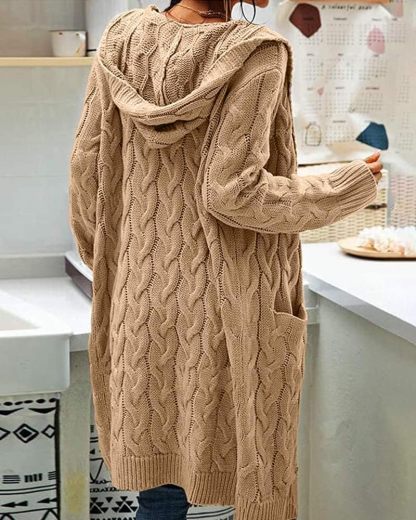 Women's Cable Knit Long Sleeve Sweater Cardigan Open Front Long Cardigans Pocket Hooded Casual Outwear