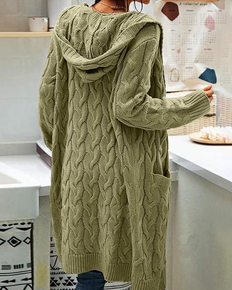 Women's Cable Knit Long Sleeve Sweater Cardigan Open Front Long Cardigans Pocket Hooded Casual Outwear