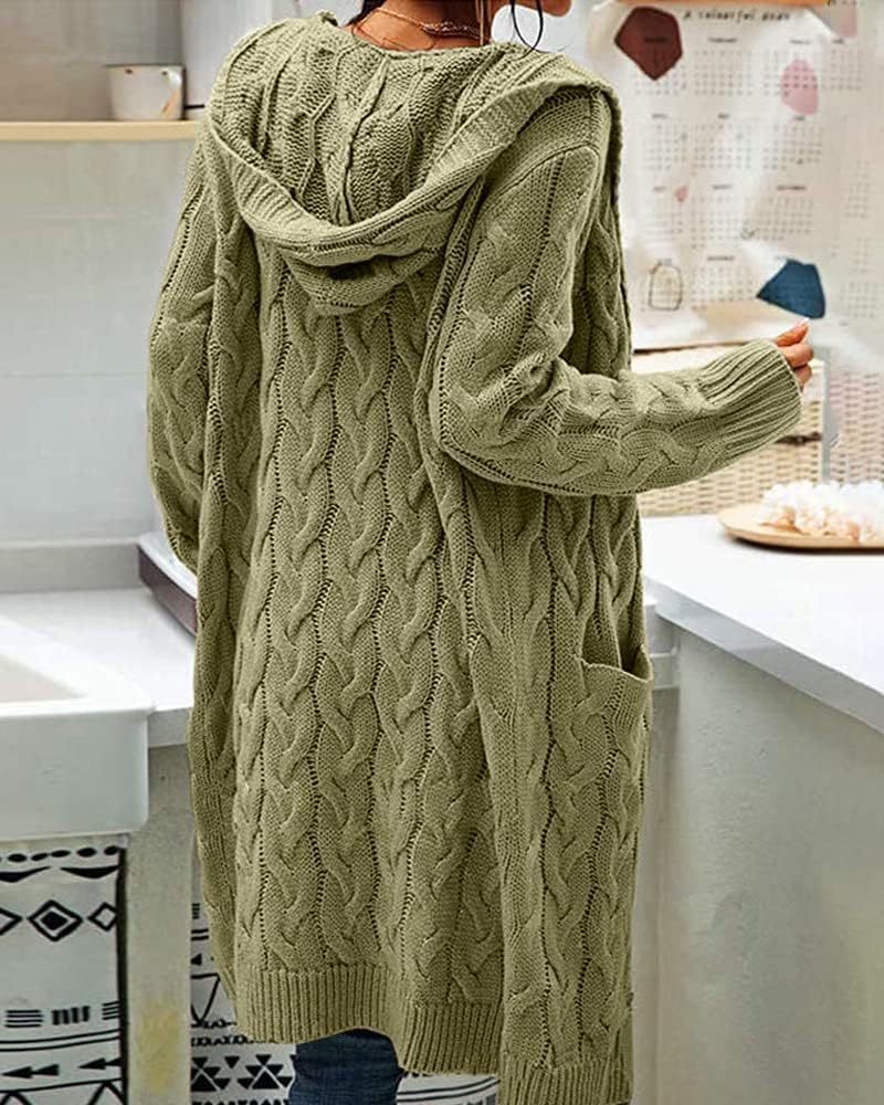 Women's Cable Knit Long Sleeve Sweater Cardigan Open Front Long Cardigans Pocket Hooded Casual Outwear