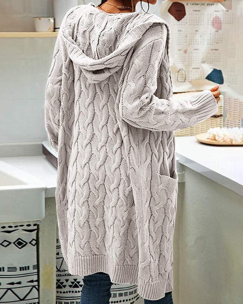 Women's Cable Knit Long Sleeve Sweater Cardigan Open Front Long Cardigans Pocket Hooded Casual Outwear