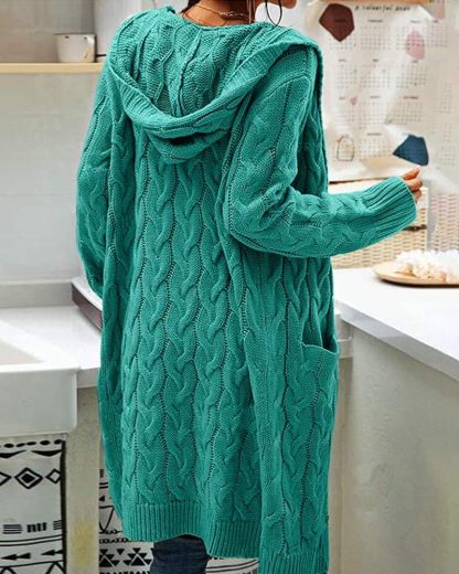 Women's Cable Knit Long Sleeve Sweater Cardigan Open Front Long Cardigans Pocket Hooded Casual Outwear