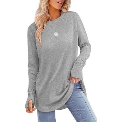 Womens Tunic Tops to Wear with Leggings Long Sleeve Thumb Crew Neck Curved Hem