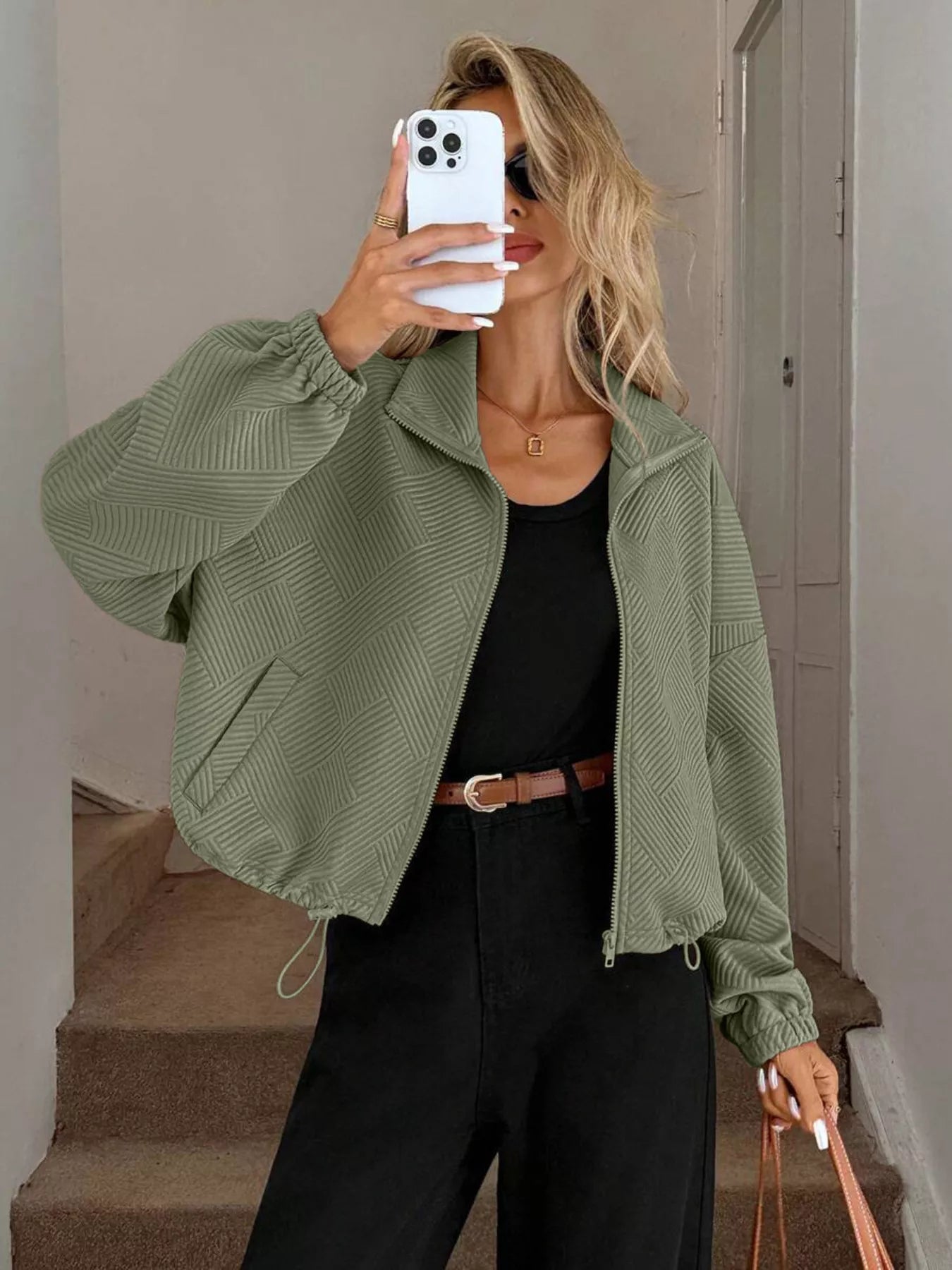 Drawstring Hem Textured Long Sleeve Jacket