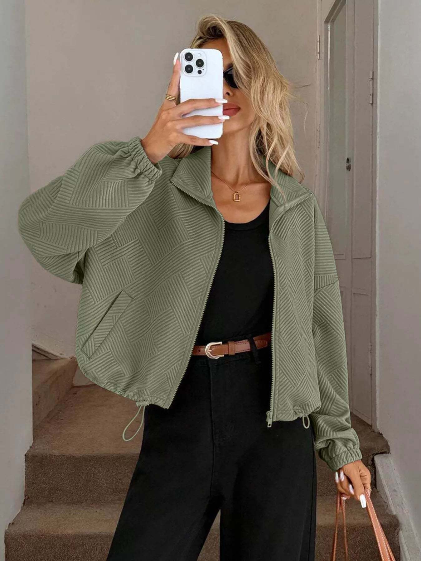 Drawstring Hem Textured Long Sleeve Jacket