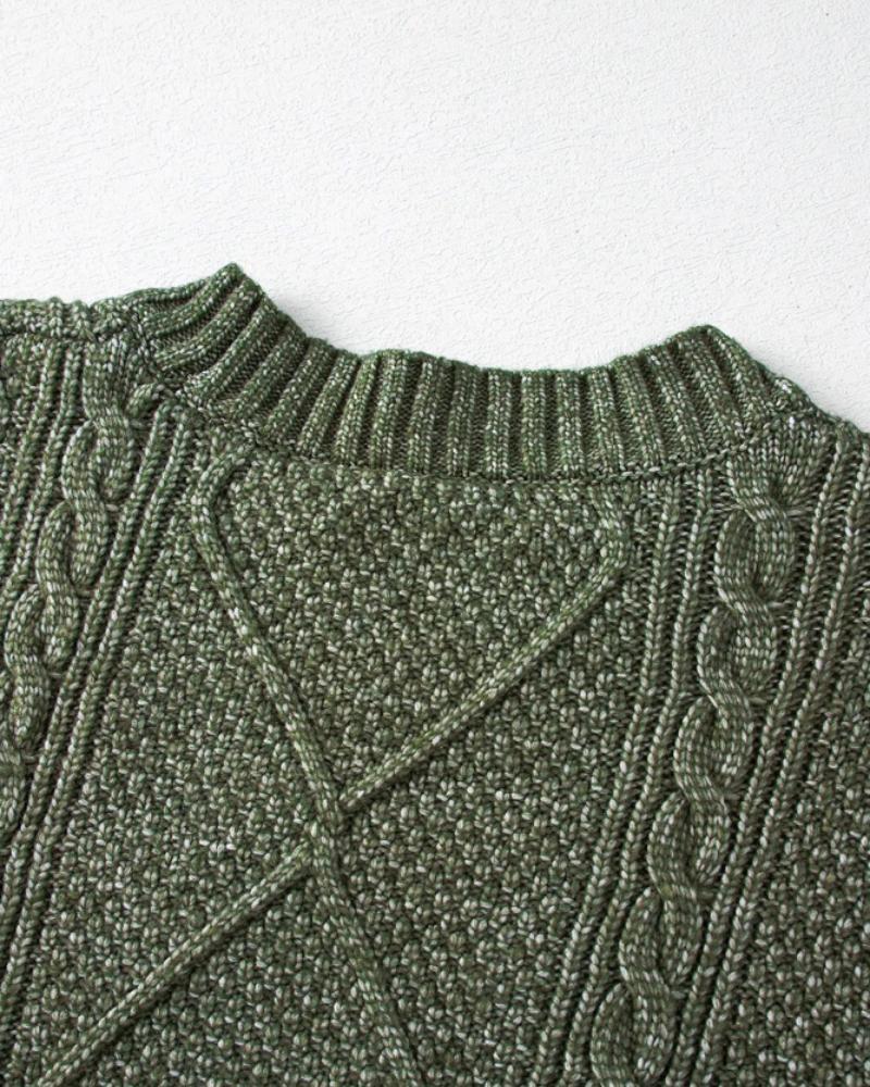 Round Neck Long Sleeve Drop Shoulder Pullover Sweater Casual Loose Fit Cable Knit Mid-length Sweater