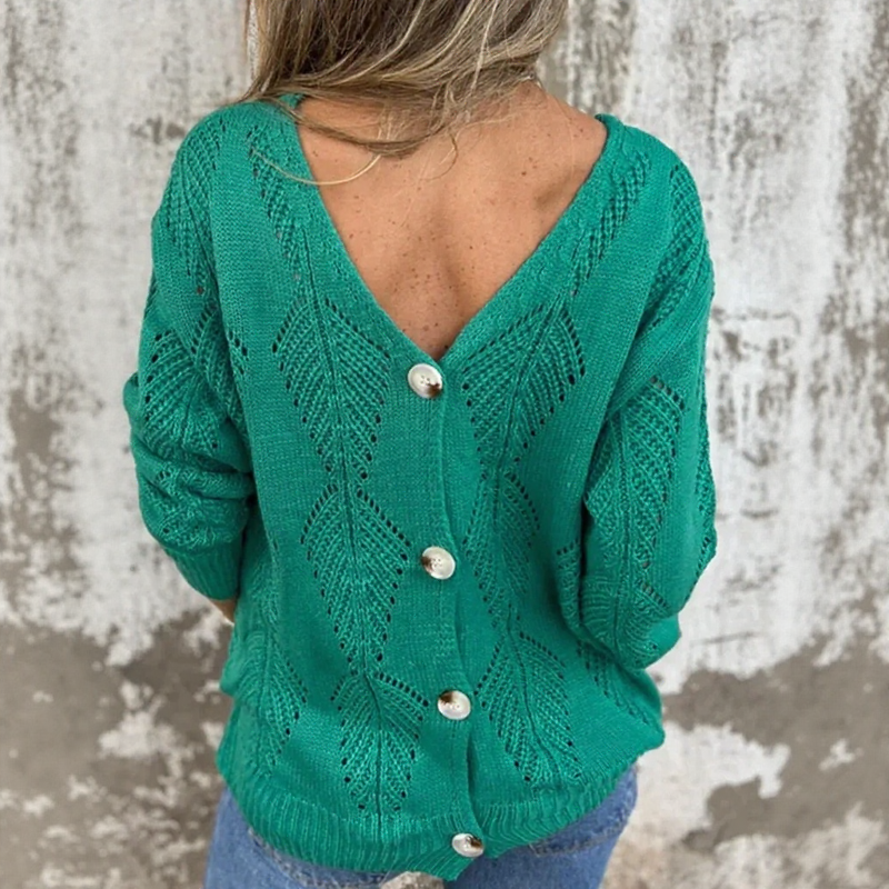 Open-Knit Reversible Sweater with Double V-Neck and Button Detail 
