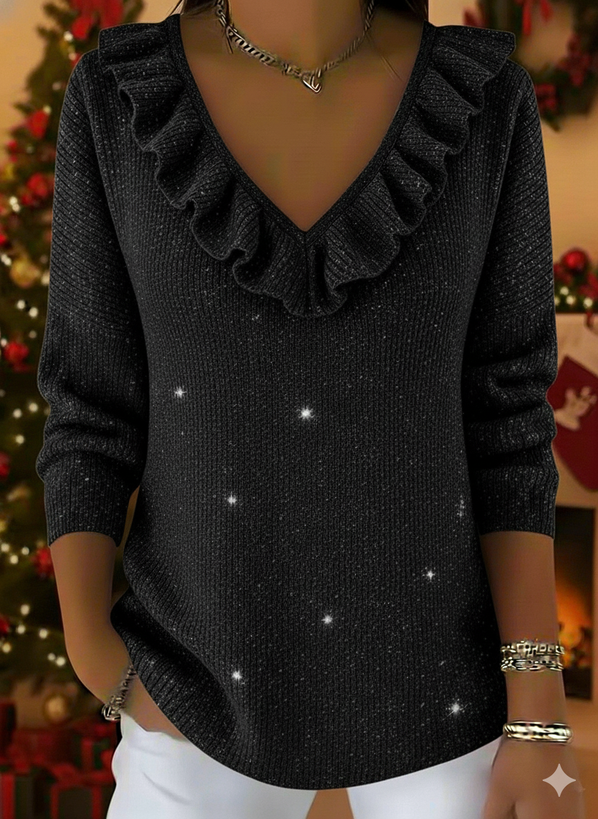 ⏰ LAST DAY 💥Women's Christmas Elegant V-neck Ruffled Sparkling Sweater Top