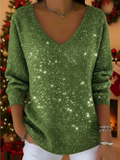 ⏰ LAST DAY 💥Women's Christmas Elegant V-neck Solid Color Loose Glossy Sweater