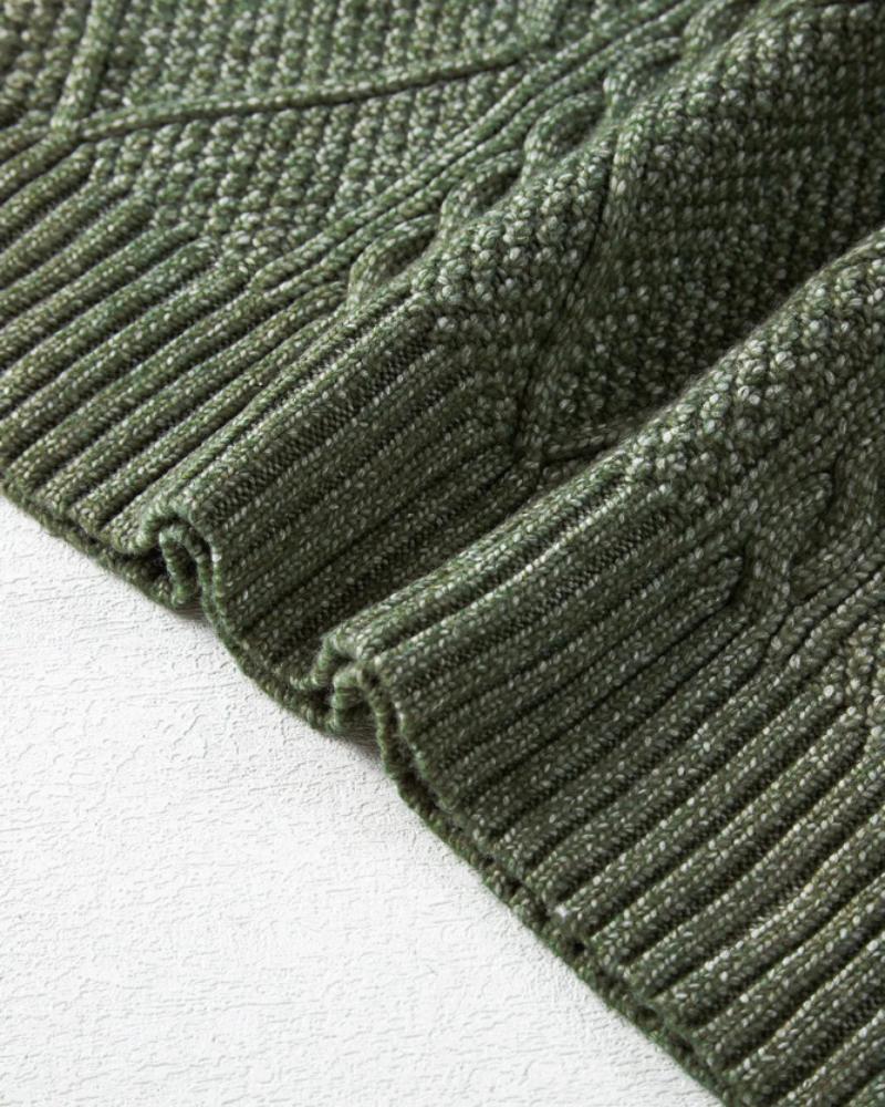 Round Neck Long Sleeve Drop Shoulder Pullover Sweater Casual Loose Fit Cable Knit Mid-length Sweater