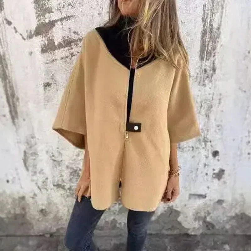 Coat with Contrasting Collar and Loose Fit