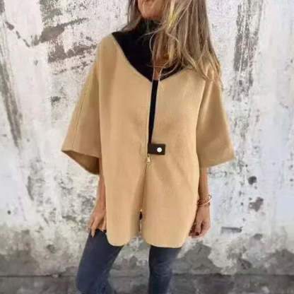 Coat with Contrasting Collar and Loose Fit 