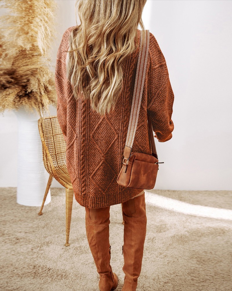Round Neck Long Sleeve Drop Shoulder Pullover Sweater Casual Loose Fit Cable Knit Mid-length Sweater