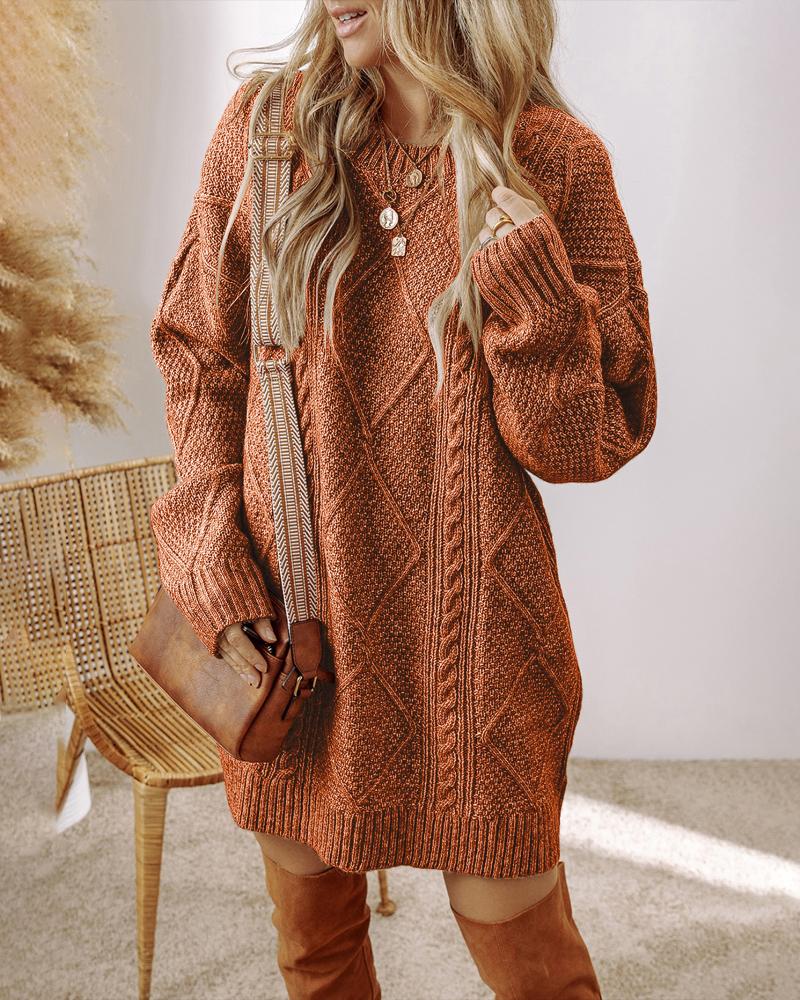 Round Neck Long Sleeve Drop Shoulder Pullover Sweater Casual Loose Fit Cable Knit Mid-length Sweater