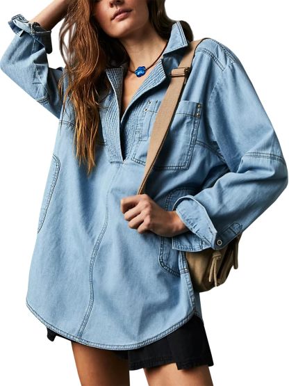 Limited time sale🔥Women's Denim V-Neck Pullover Shirt (BUY 2 FREE SHIPPING)