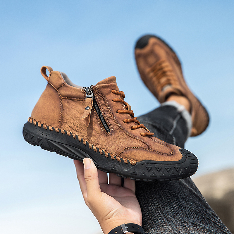 Men's Outdoor Leather Shoes with Zipper – Waterproof, Arch Support & Wide Toe Comfort