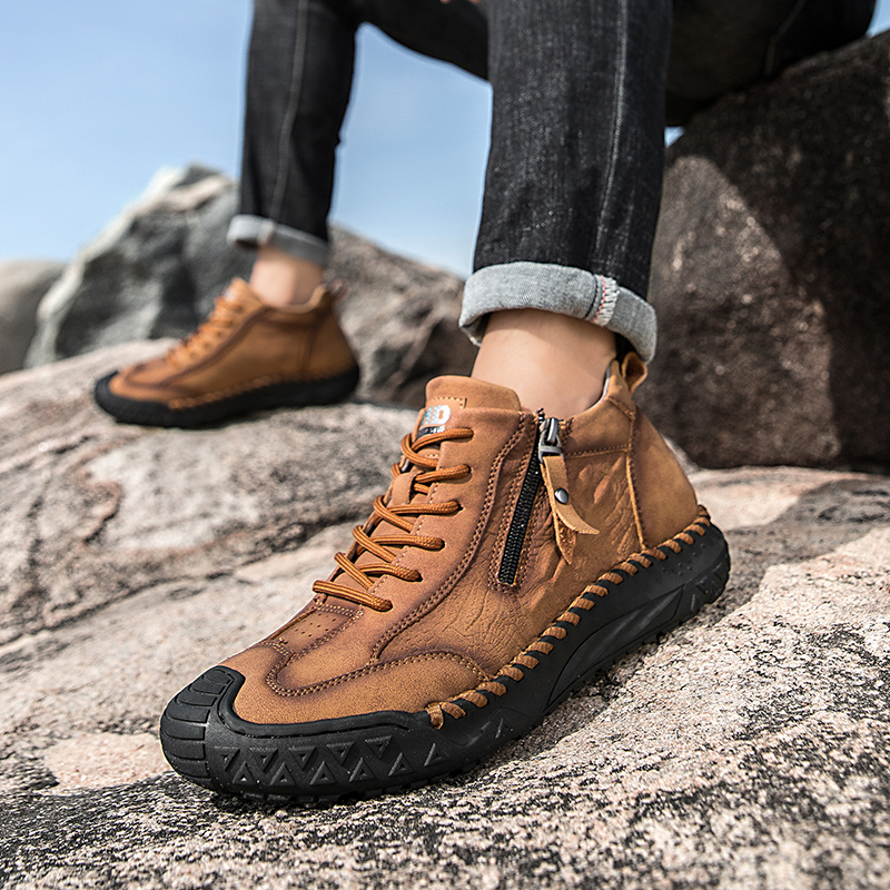 Men's Outdoor Leather Shoes with Zipper – Waterproof, Arch Support & Wide Toe Comfort