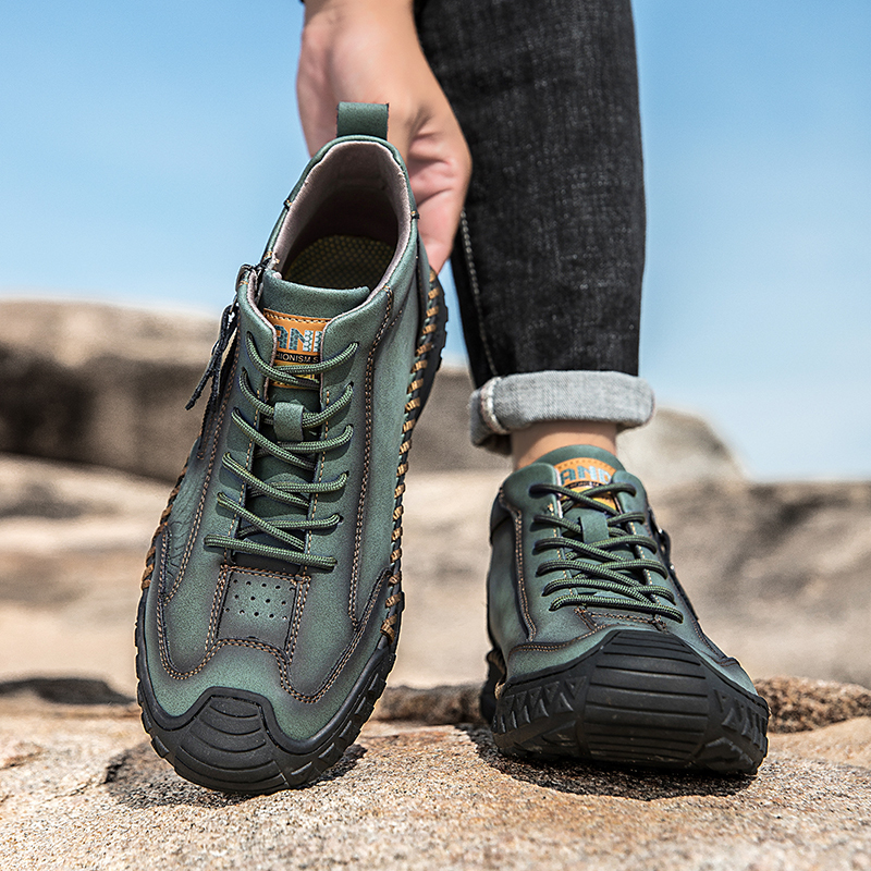 Men's Outdoor Leather Shoes with Zipper – Waterproof, Arch Support & Wide Toe Comfort