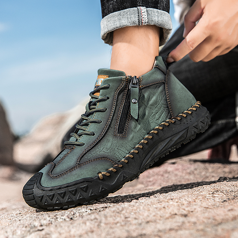 Men's Outdoor Leather Shoes with Zipper – Waterproof, Arch Support & Wide Toe Comfort