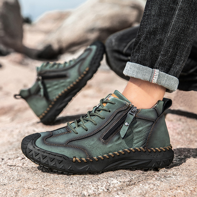 Men's Outdoor Leather Shoes with Zipper – Waterproof, Arch Support & Wide Toe Comfort