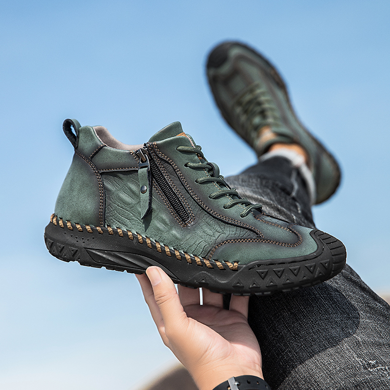 Men's Outdoor Leather Shoes with Zipper – Waterproof, Arch Support & Wide Toe Comfort