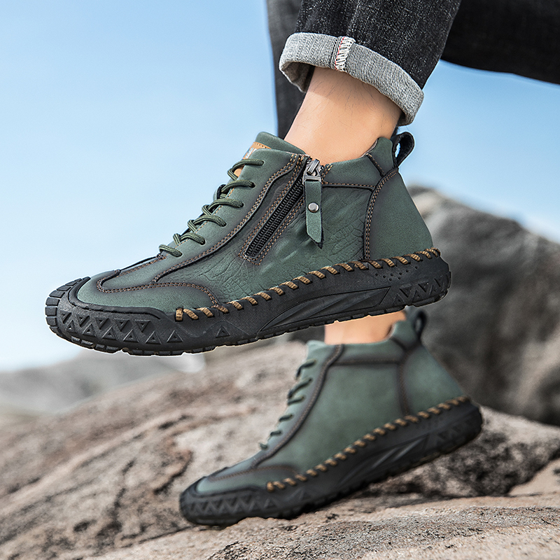 Men's Outdoor Leather Shoes with Zipper – Waterproof, Arch Support & Wide Toe Comfort