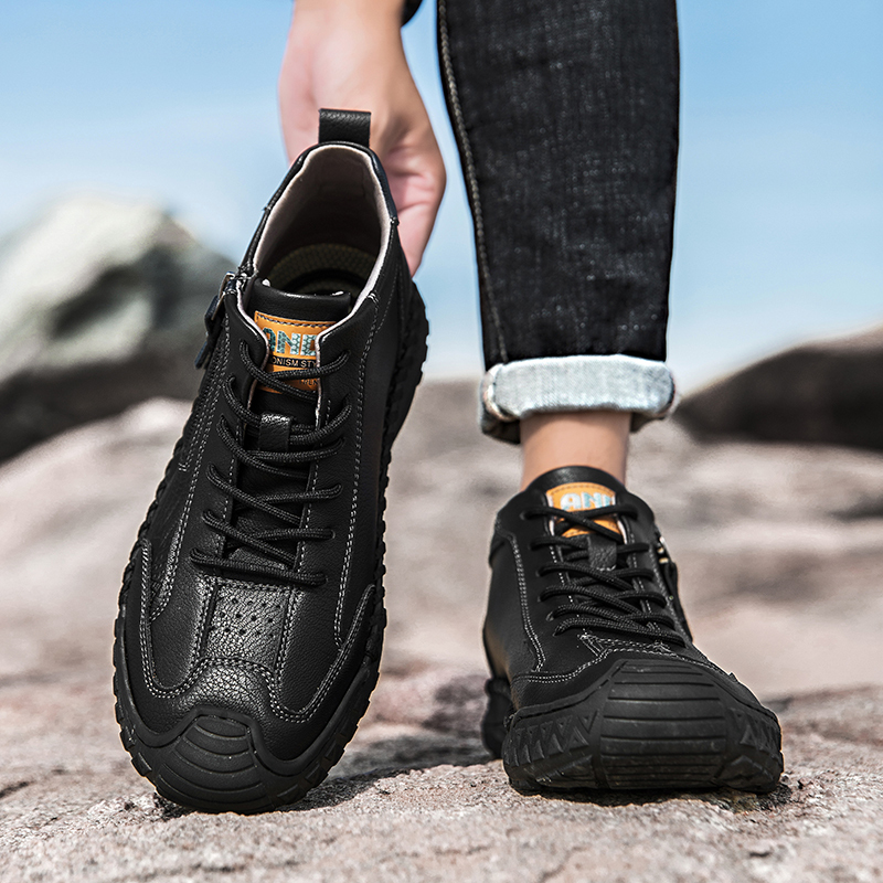 Men's Outdoor Leather Shoes with Zipper – Waterproof, Arch Support & Wide Toe Comfort