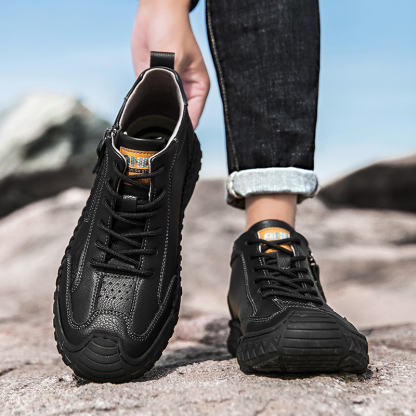 Men's Outdoor Leather Shoes with Zipper – Waterproof, Arch Support & Wide Toe Comfort