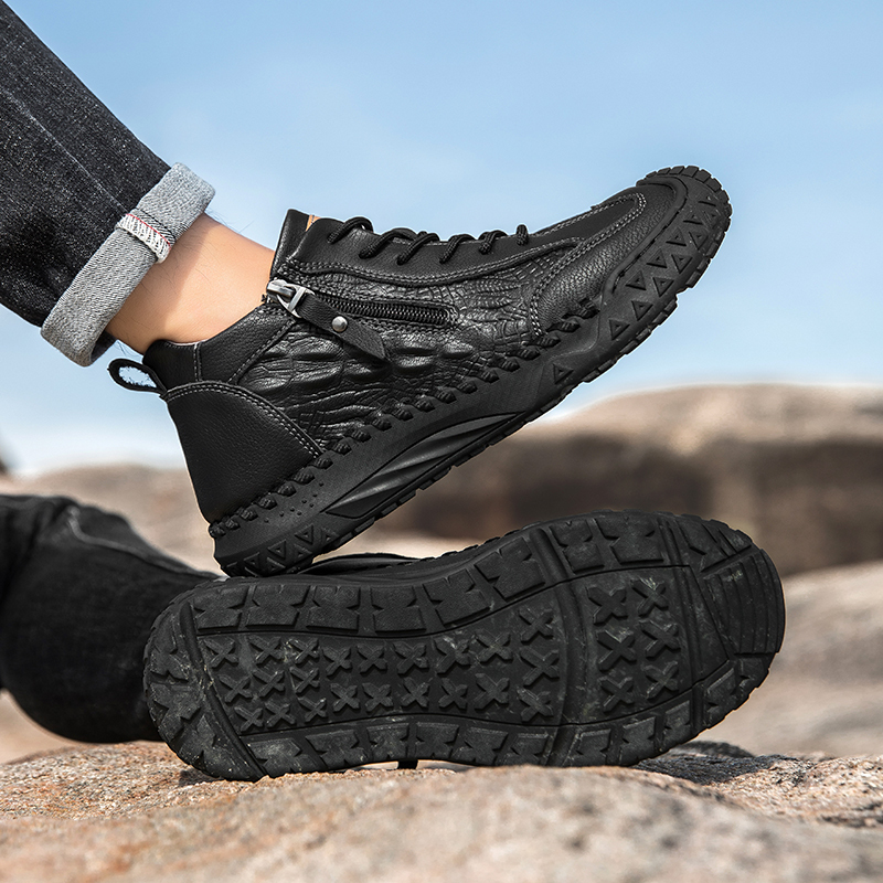 Men's Outdoor Leather Shoes with Zipper – Waterproof, Arch Support & Wide Toe Comfort